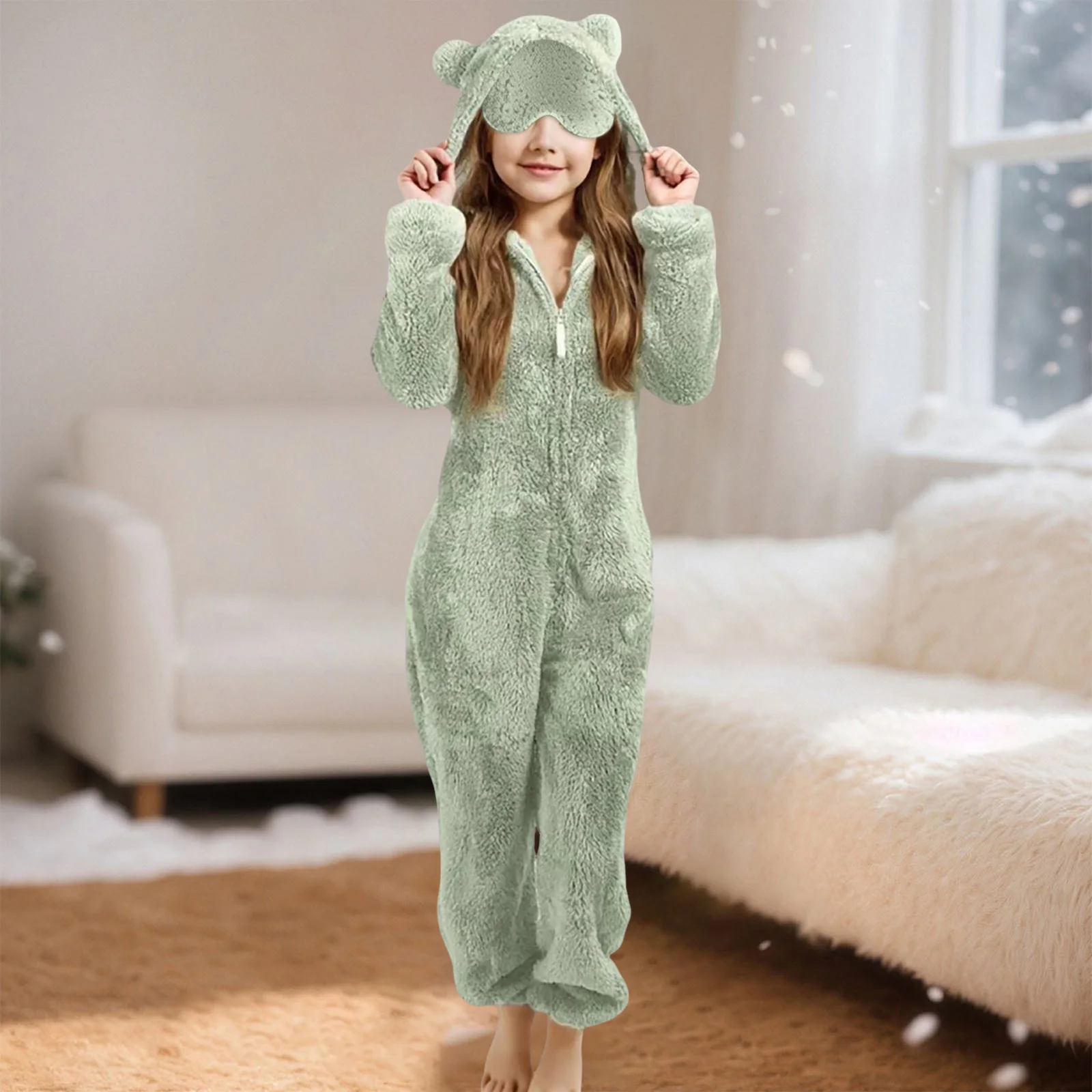 

Girl Rompers Girls Fleece Warm Fleece Bed Jumpsuit Kids Cute Winter Plain Zip Up Long Sleeve Soft Baby off Shoulder Romper