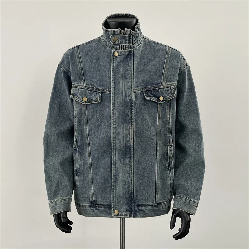 

American Vintage Cargo Denim Jacket for Men Spring Casual Oversized Stand Collar Biker Jacket Heavy Duty Washed Outerwear
