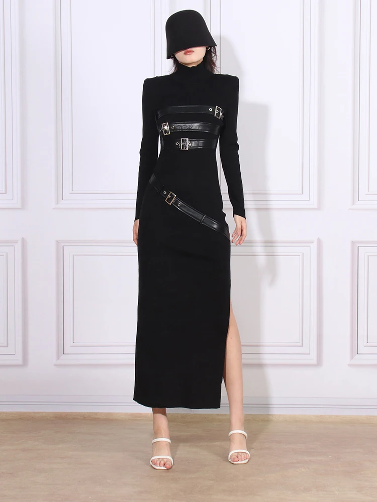 TWOTWINSTYLE Solid Patchwork Belt Split Dress For Women Stand Collar Long Sleeve High Waist Slimming A Line Dresses Female New