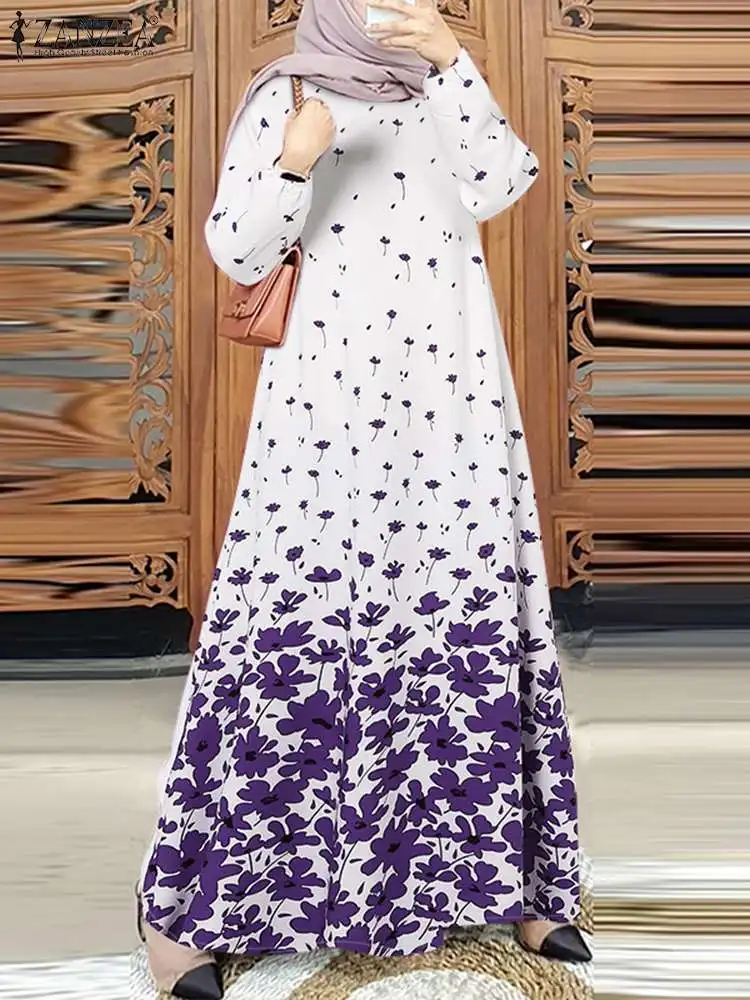 ZANZEA-Robe musulmane élégante à manches longues pour femmes, Abaya, Maxi, Imprimé floral, Turquie, Dubaï, Ected Tsos, Automne, 2024