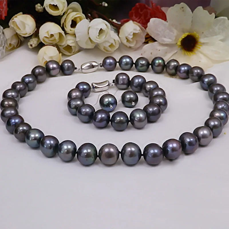 

Real Big Pearl Necklace Sets For Women,Natural Freshwater Black Pearl Necklace Bracelet Earrings Jewelry Sets Wife Gift 12-13mm