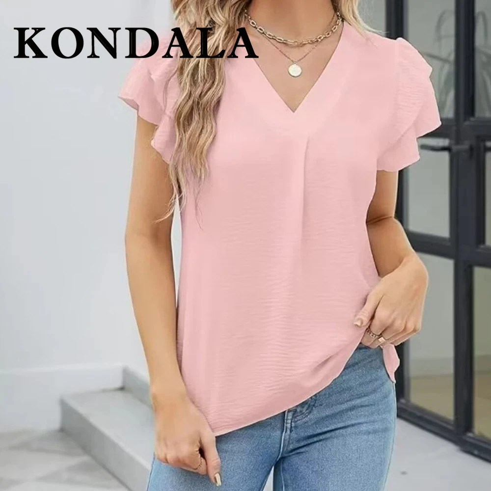 

KONDALA шикарная розовая повседневная элегантная женская футболка с v-образным вырезом, модная летняя уличная одежда с короткими рукавами 2025 года, плиссированный топ Mujer