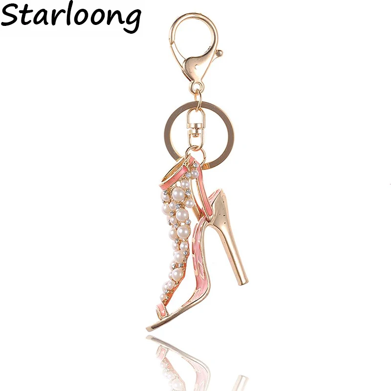 Gota de Óleo Gotejamento Liga de alta Qualidade Chaveiro Chaveiro Esmalte sapatos de Salto Alto Strass Pérolas de cristal KeyChain Anel Chave inoxidável mulheres