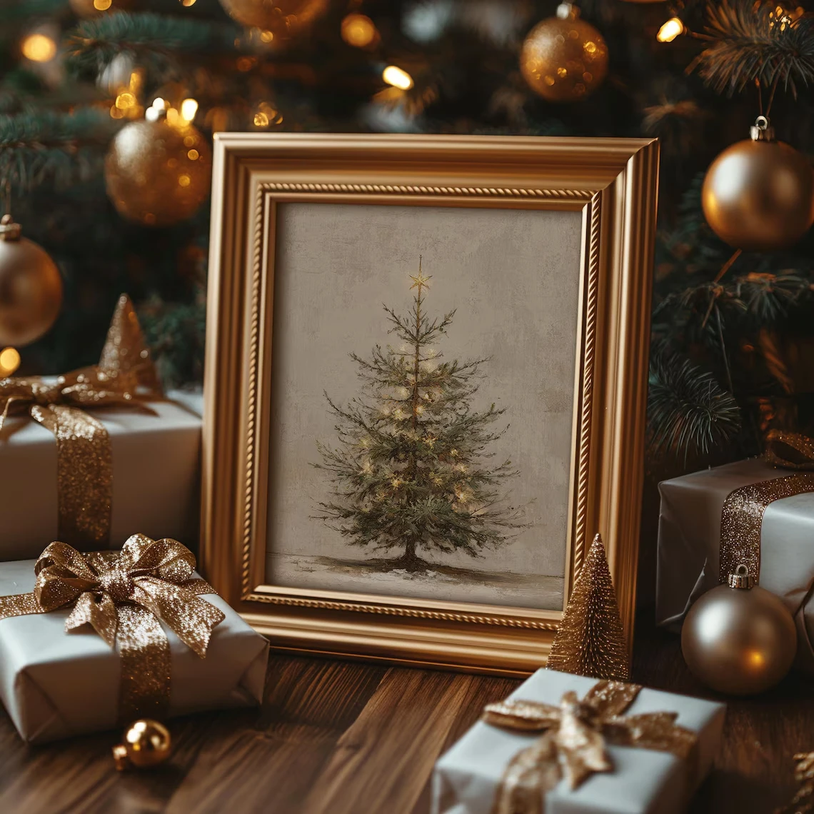 Arte de pared de árbol de Navidad de estilo Vintage, lienzo impreso, póster de árbol de abeto rústico, imágenes neutras para