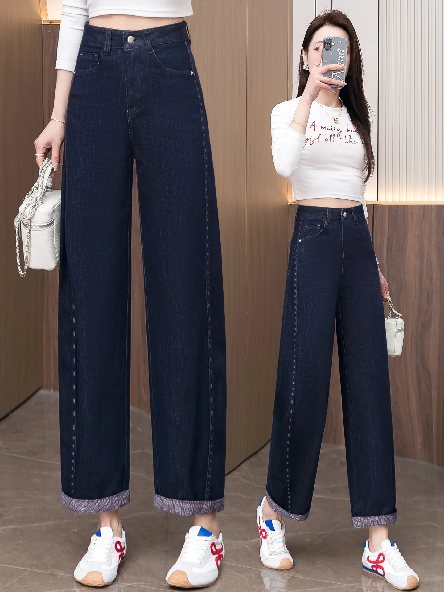 

High Waist Wide Leg Jeans Women's Spring Summer New Style Casual Loose Slimming Knife Folded Cuff Denim Pants