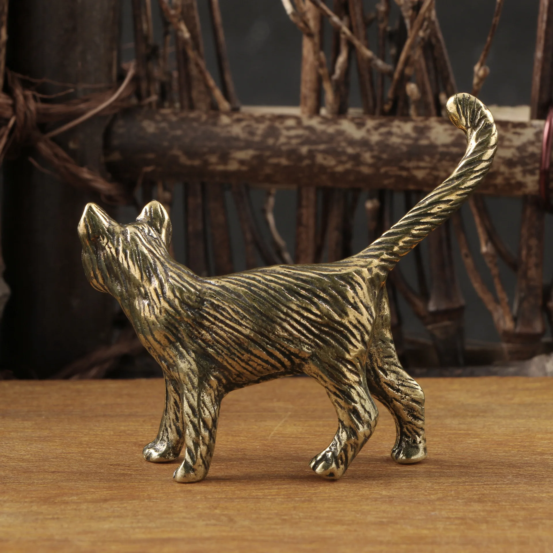 Cute Little Shrewd Cat Small Statue Creative Solid Brass Childish Animal Kitten Miniature Figurine Ornaments Retro Home Decors