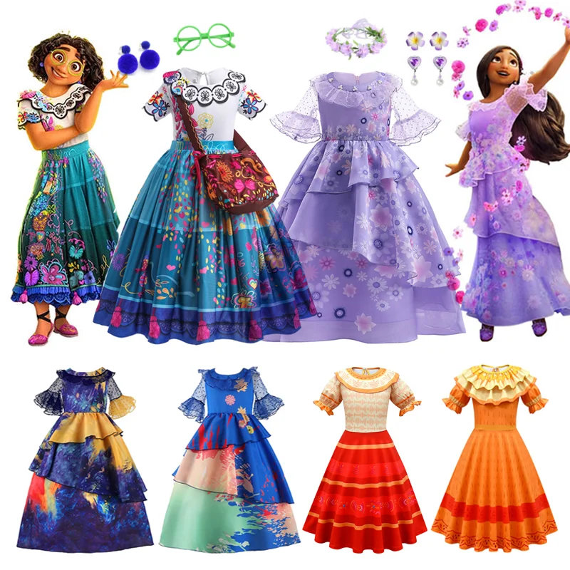 Disfraz de Disney Mirabel Isabela para niñas, vestido de princesa, traje de Cosplay, Encanto, Carnaval, fiesta de cumpleaños, corona, ropa, bolso,