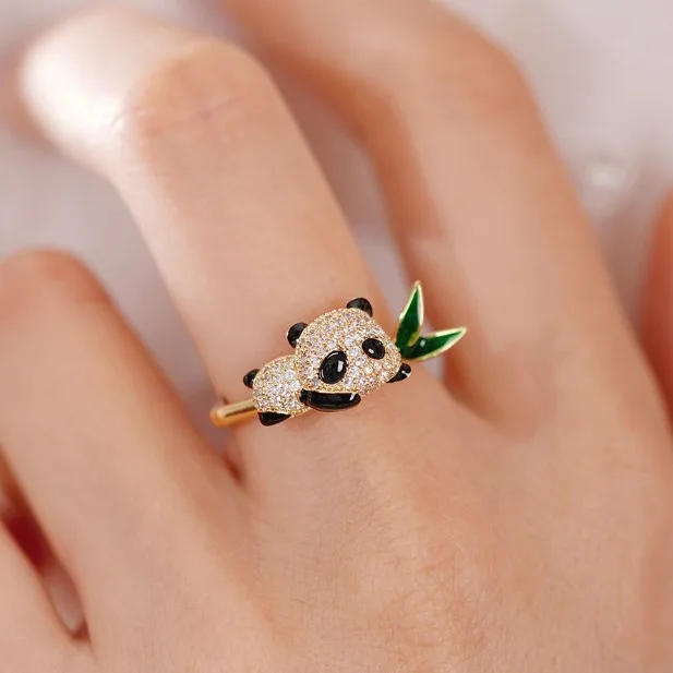 Exquisite Cute Inlay Rhinestone Panda Opening Adjustable Ring for Women Animal Ring Birthday Gifts Fashion Jewelry Accessories