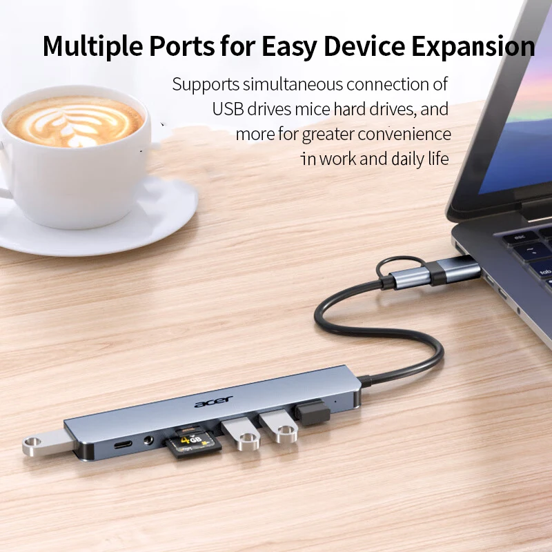 YINDIAOxACER 8 in 2 USB +Type C HUB Docking Station with 3.5mm Audio Micro SD Card Reader Laptop Tablet Phone Disk Converter
