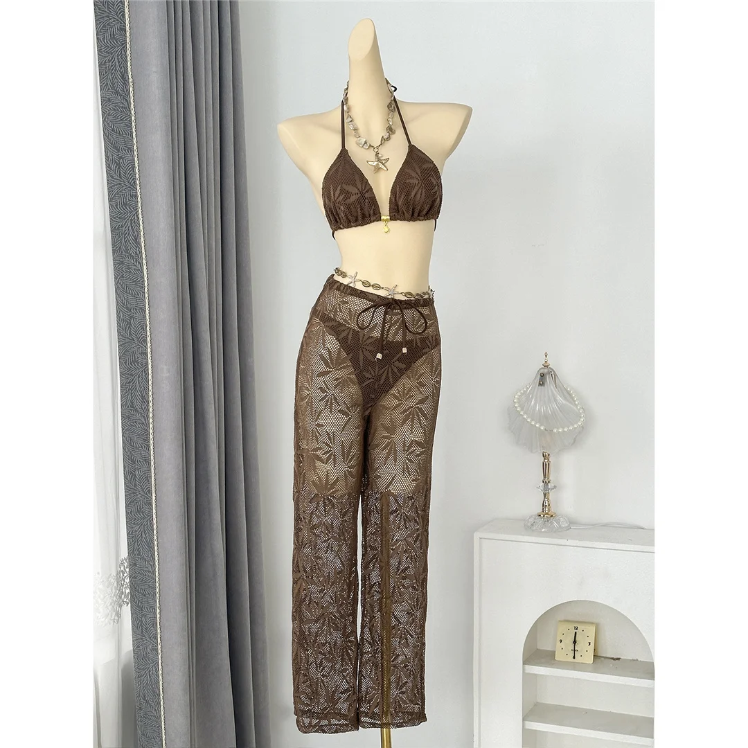 Mit Hosen, Blättern und Halterneck-Bikini, Damen-Badeanzug, dreiteiliges Bikini-Set, Badebekleidung, Badeanzug, Schwimmanzug V8164 – Detail 8