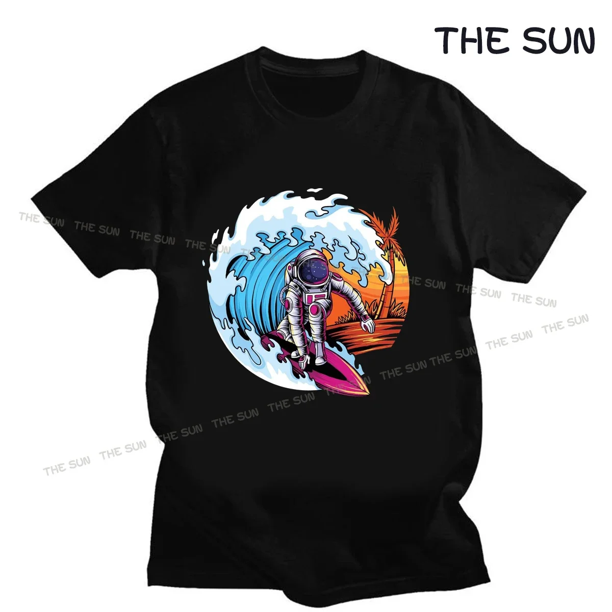 

T-Shirt Men Round Collar Cotton T Shirts Short Sleeve Tee Shirt Astronauta De Verano Surfeando En Las Olas De