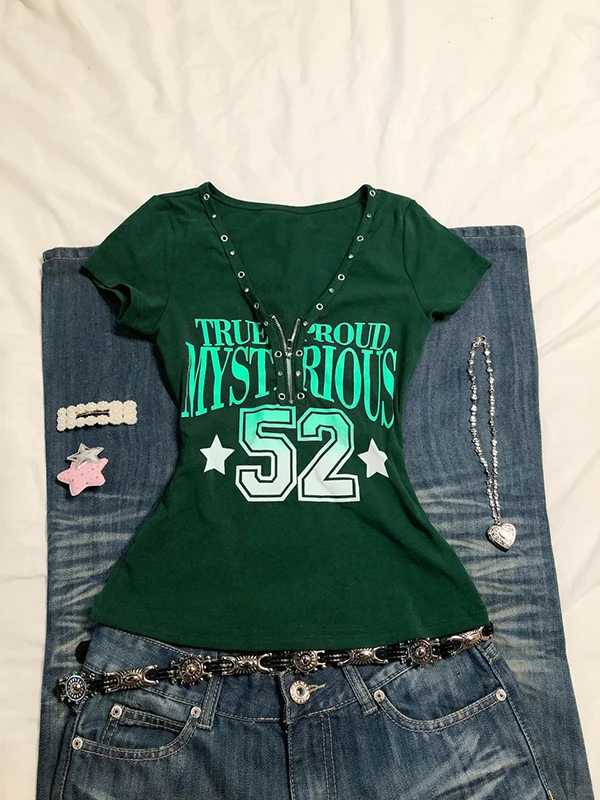 

Blue Letter Print ort Sve V-Ne T-irt Women's Summer Vintage Sle Regular Fit Cotton Top for Young Ladies