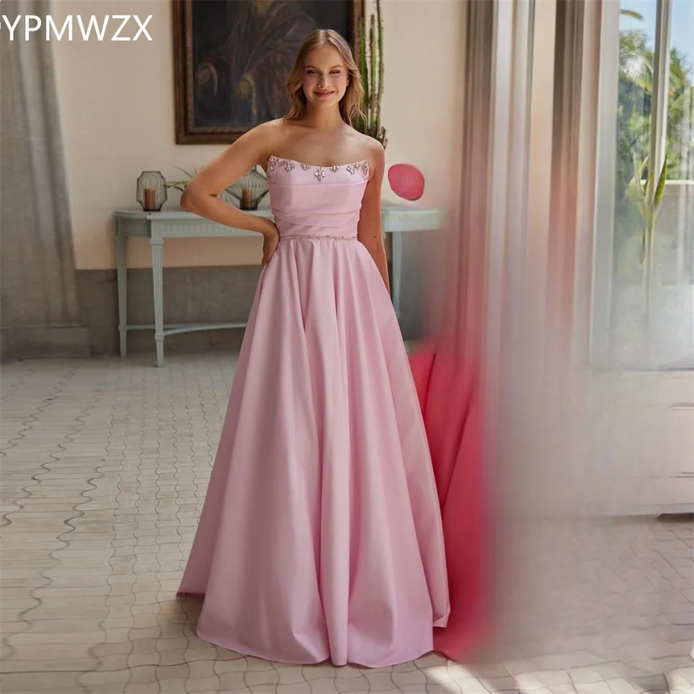 

Customized Prom Gown Evening Women YPMWZX Strapless A-line Floor Length Skirts Draped Shirred Sleeveless Bead Bespoke Occasion