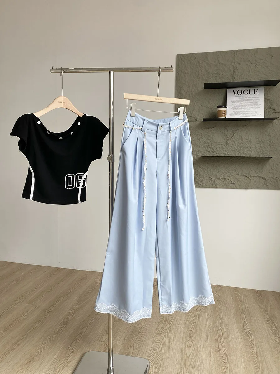 

Fashionable Lace Trim Wide Leg Pants High Waist Slimming Casual Commute Long Trousers Women's Trendy Polyester Fiber 100%