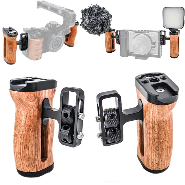 Uniwersalny uchwyt do lustrzanki cyfrowej z lewej i prawej strony do Sony Canon Nikon Klatka do aparatu z drewnianą klamką Zimna stopka do lampki wideo z mikrofonem