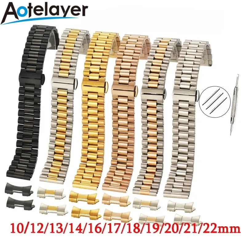 10 12 13 14 16 17 18 19 20 21 22mm Solid Full Stainless Steel Watch Band Curved +Flat Head Universal Wrist Strap Folding Buckle