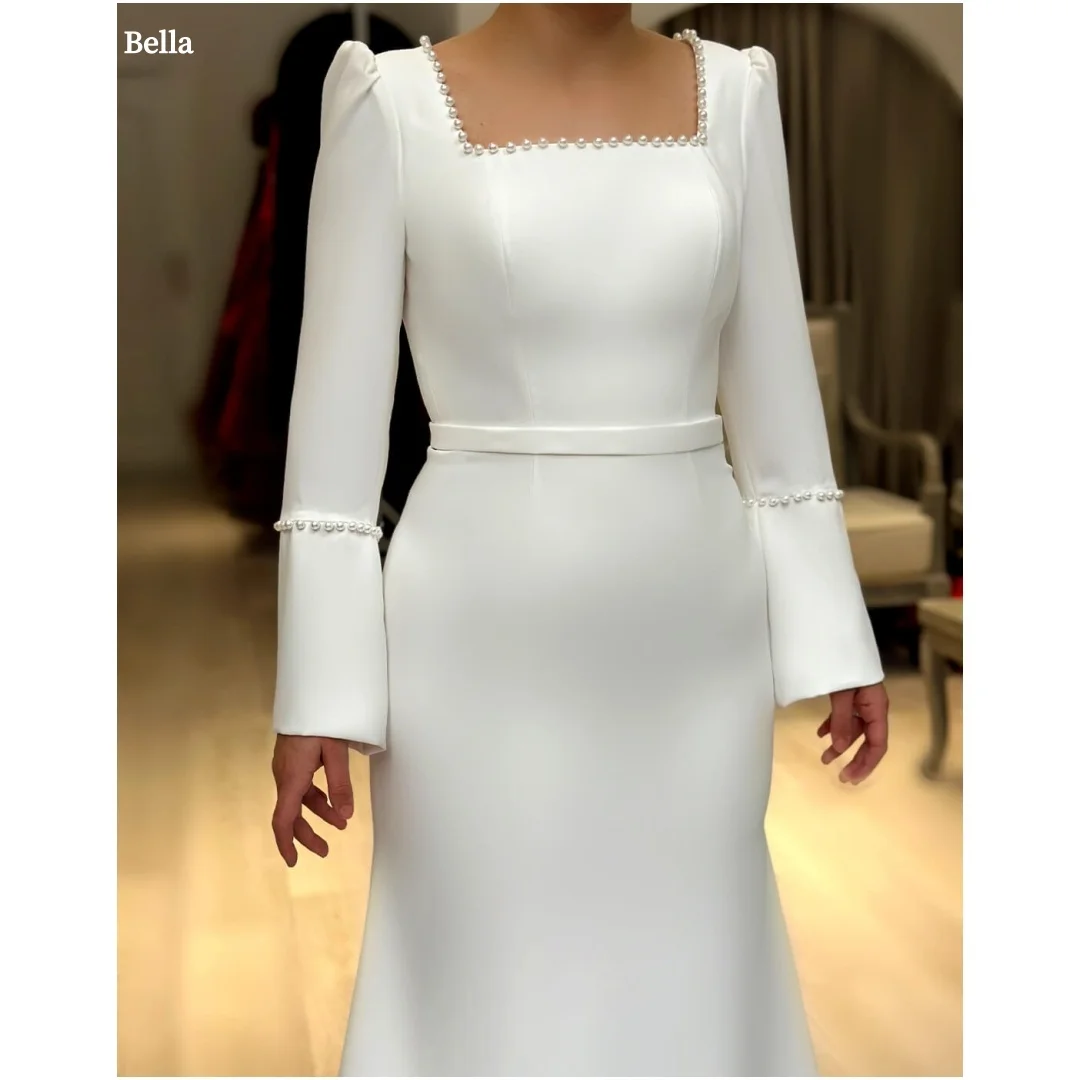 

Bella Индивидуальные белые жемчужные платья с квадратным воротником и длинными рукавами, вечерние платья, атласное платье трапециевидной формы длиной до пола, платье для выпускного вечера 2025
