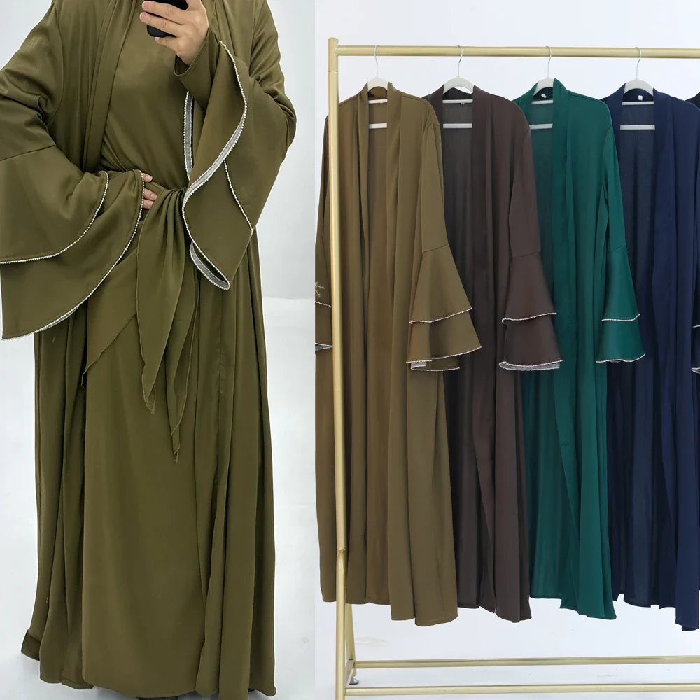 

Eid Ramadan Women Muslim Satin Kimono Cardigan Maxi Dress Wrap Skirt Set Islamic Matching Clothing Dubai Abaya Turkey Robe 3Pcs