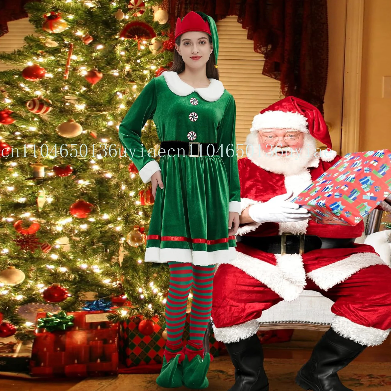 

Women Christmas Elf Costumes Cute Dress with Belt Elf Hat Shoe Covers Socks Set for Cosplay Role-Playing Party Outfit