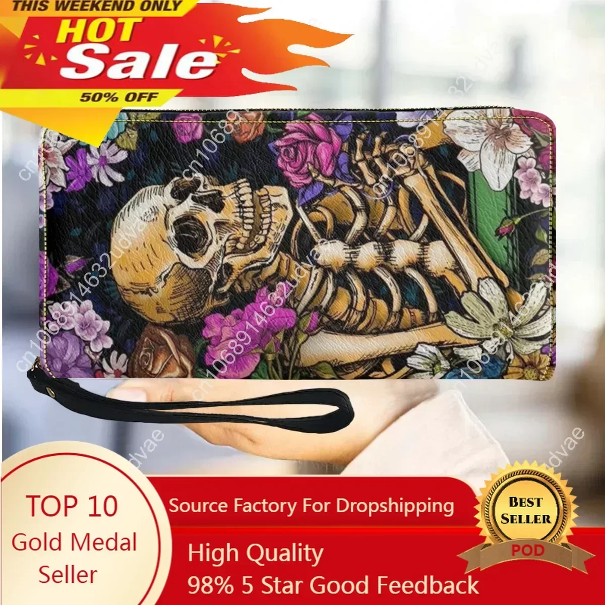 

Ladies Wallet Leather Skull Women's Wallets with Zipper Multifunction Cardholder Slim Travel Girls Wristlets Passport Holders