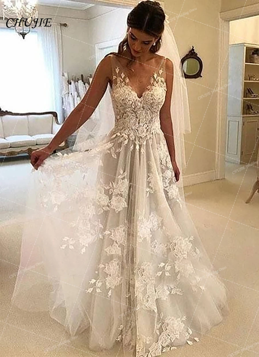 V Neck Wedding Dress Bride Robe Sleeveless Lace Applique A Line Backless Bridal Gown robe de soirée de mariage Vestido de novia