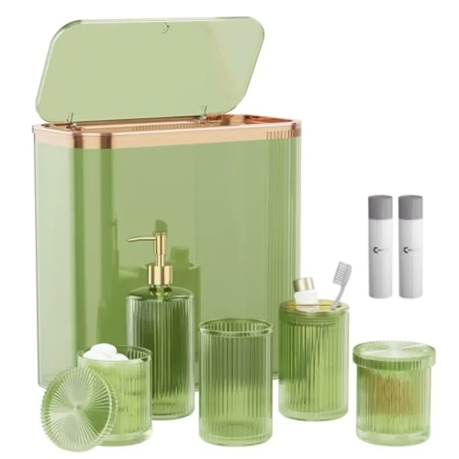

Green Bathroom Accessories Set 8 Pcs with Glass Materials Vintage Design Includes Trash Can Soap Dispenser Toothbrush Holder Tu