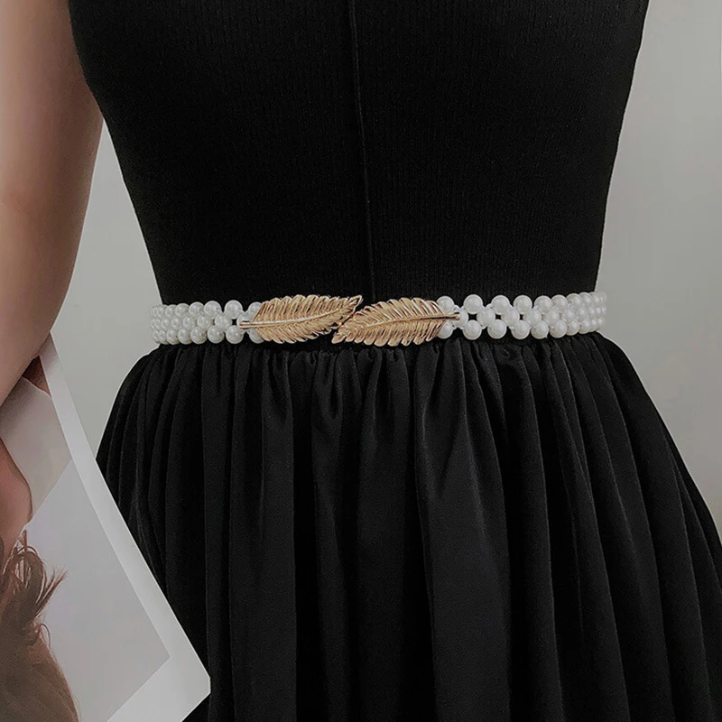 

Women Pearl Waist Chain Pearl Inlaid Diamond Elastic Belt With Waist Decoration Thin Belt Beaded Elastic Belt