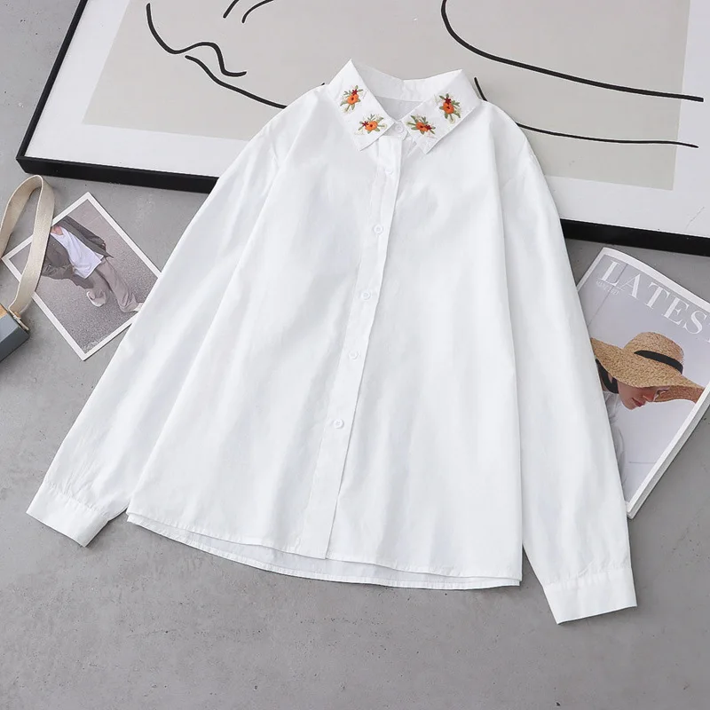 New Summer Cotton Long Sleeve White Shirt Lapel Cartoon Embroidery Top Girl Sweet Casual Loose Blouse 2024 Autumn T46286QM