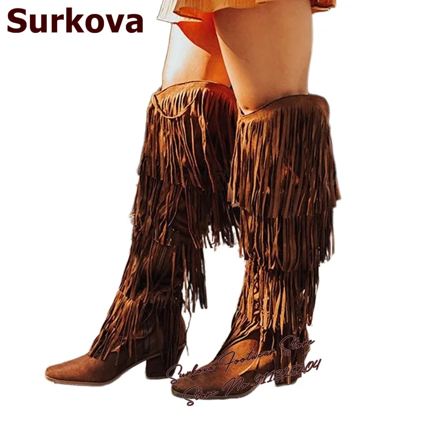 Surkova Brown Suede Fringe Knee High Boots Chunky Heel Cowboy Retro Tall Boots Elegant Tassel Embellished Dress Shoes