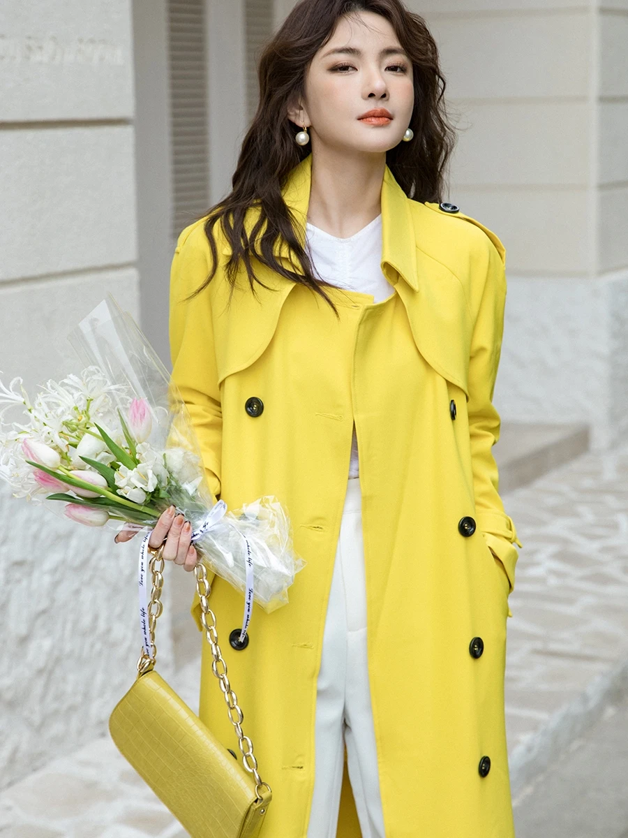 2025 Autumn Yellow Trench Coat For Women Long Below The Knee Korean Style Double Breasted British Baggy Office Coat Plus Size