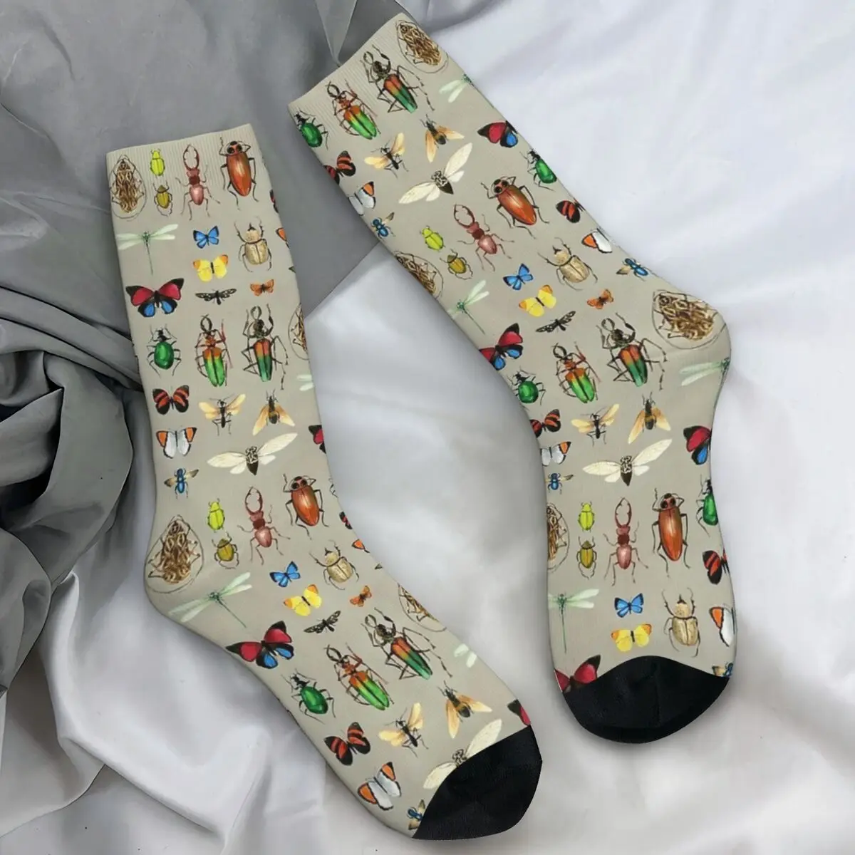 

Серые акварельные чулки с рисунком жуков и насекомых, забавные носки с графическим рисунком, зимние нескользящие носки для взрослых и мужчин, мягкие носки для скейтборда