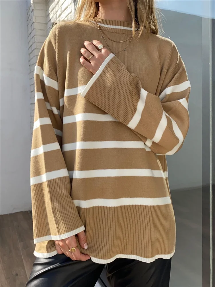 REALEFT Autumn Winter Elegant Striped Oversize Women\'s Sweater 2023 New O-Neck Long Sleeve Casual Loose Knitwear Sweaters Female