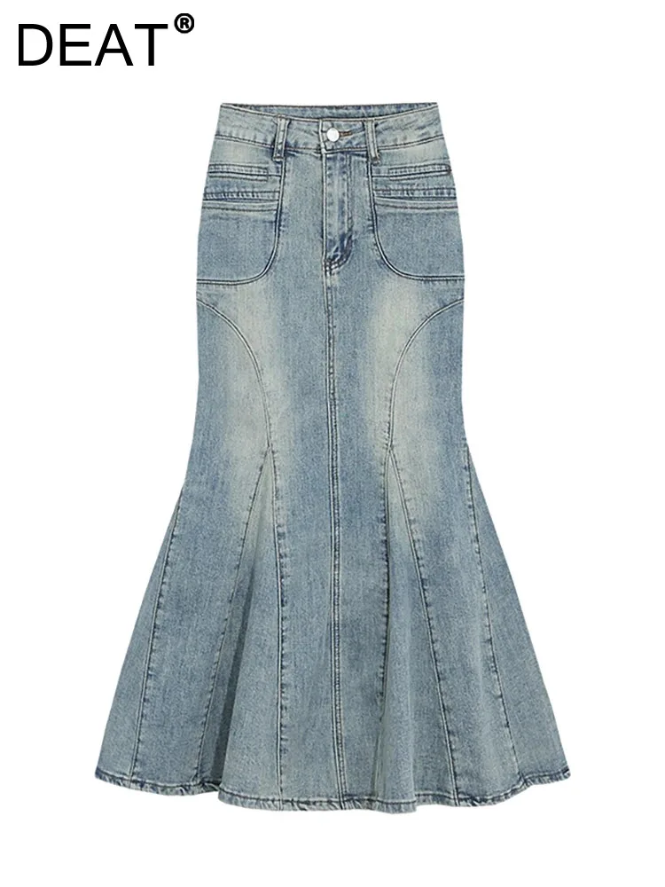 

DEAT Women's Denim Skirt High Waist Slim Stretch Wrap Hips Ruffles Edge Long Mermaid Skirts 2024 Summer New Fashion 29L7999