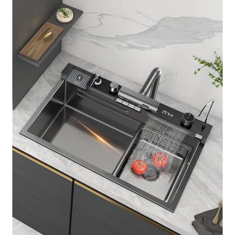 

Kitchen Sink Large Single Sink 304 Stainless Steel Vegetable Basin Feiyu Waterfall
