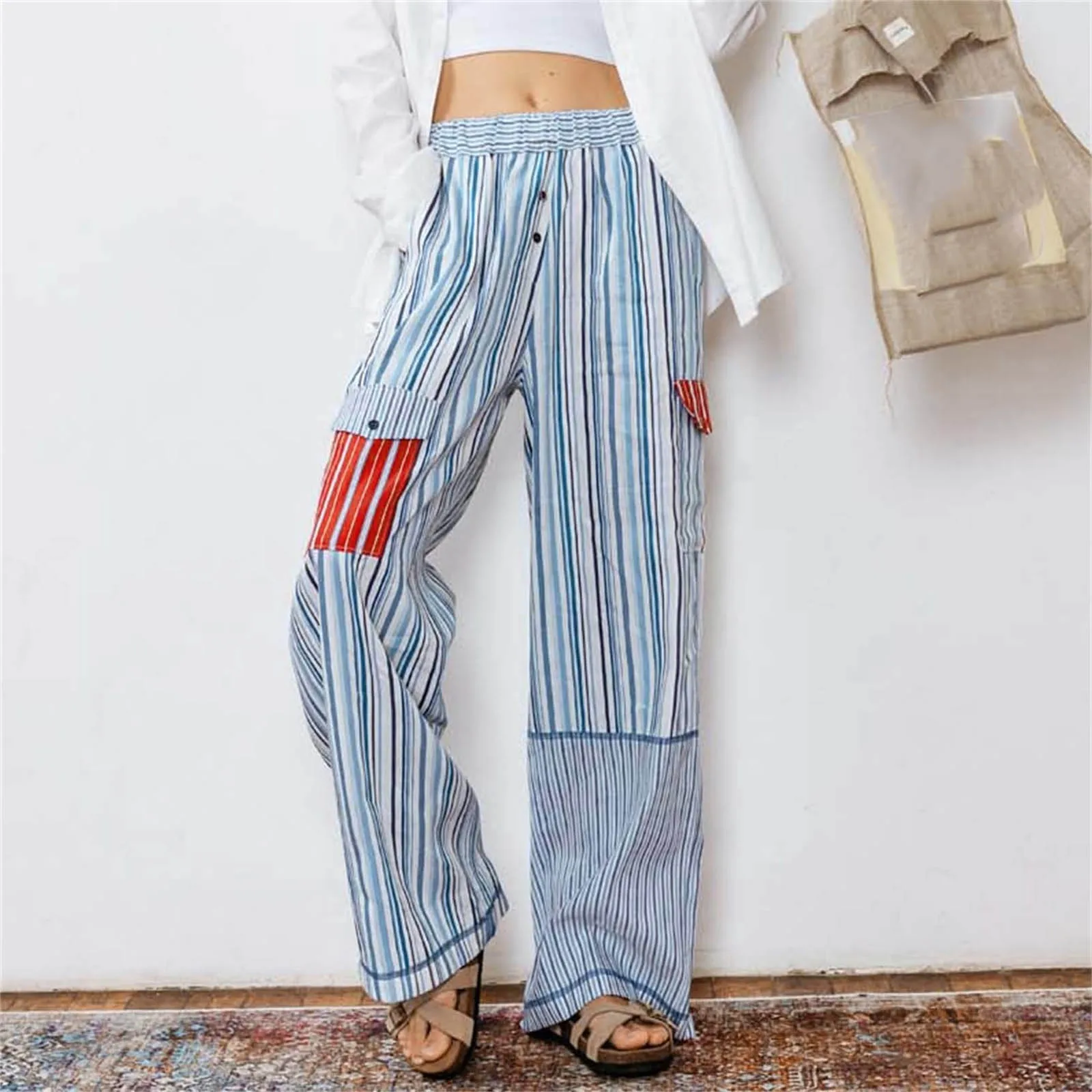 

Women Striped Pants With Pockets Elastic Waist Casual Cargo Pants Female Loose Wide Leg Trousers Streetwear Spring Fall Pants