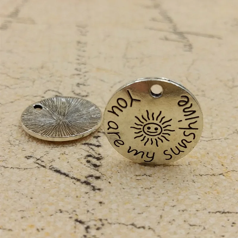 High Quality 20 Pieces/Lot Diameter 22mm Antique Silver Plated You Are My Sunshine Round Disc Words Charms For Jewelry Making