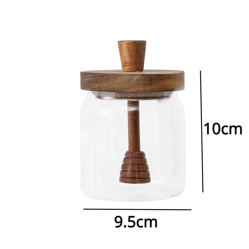 Tarro de miel de vidrio sellado de alto borosilicato avanzado, varilla mezcladora de tanque con cubierta de madera, botella de miel transparente