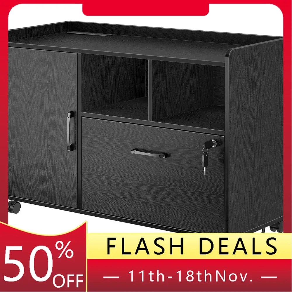 File Cabinet with Charging Station, Lateral Filing Cabinet with Locking Drawer,Printer Stand with Open Storage Shelf with Wheels