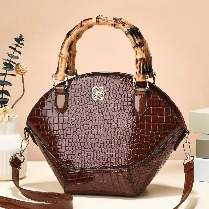 Crocodile Pattern Creative Shell Shaped Shoulder Bags High Quality Retro Bamboo Joint Handle Handbag Women Office Crossbody Bag