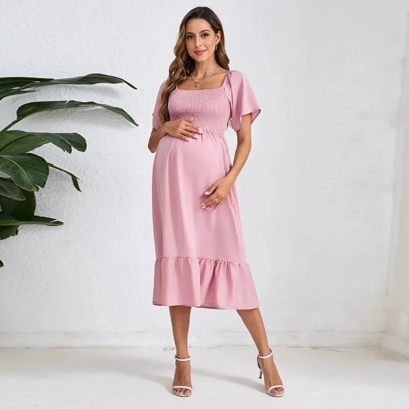 Summer Dress Solid Pink Chiffon Maternity Dresses For Pregnant Women Short Sleeve Long Dresses