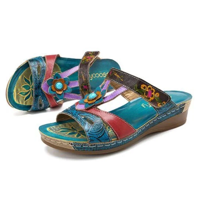 Ethnic Summer Shoes Women\'s Slippers Heeled Sandals for Women Retro Flower Roman Platform Shoes New Big Size Pantuflas De Mujer