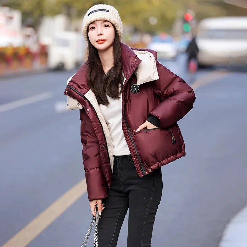 Contrast Down Cotton-Padded Jacket Women Short Hooded Winter 2025 New Warm Cotton Padded Coat Bread Coat Hooded Outerwear Female