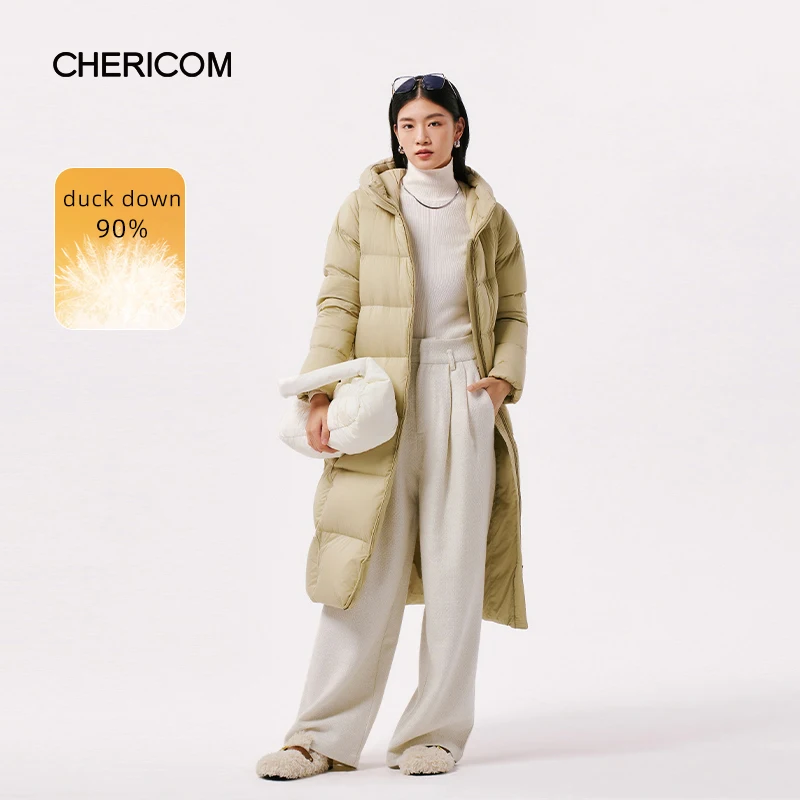 Chericom long turtleneck hooded thickened down jacket 2024 winter new women's soft simple cloud commuting casual coat 298110