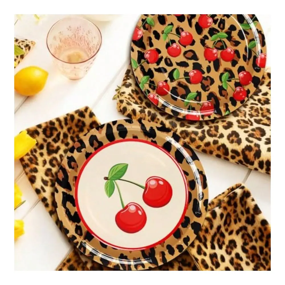 

Pcs Cheetah And Cherry Paper Plates Disposable Round Plates Leopard Cherry 7 Inch Decorative Tableware Dert Plate For Girls Wom