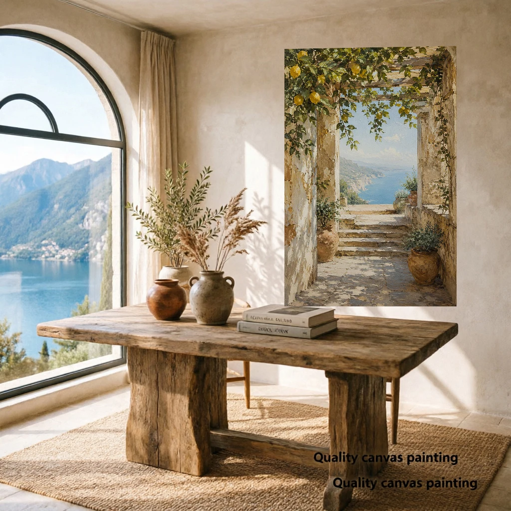 Amalfi Lemon Wall Art Print, Mediterranean Kitchen Decor, Coastal Villa Painting, Italian Summer Canvas Print,  No Frame