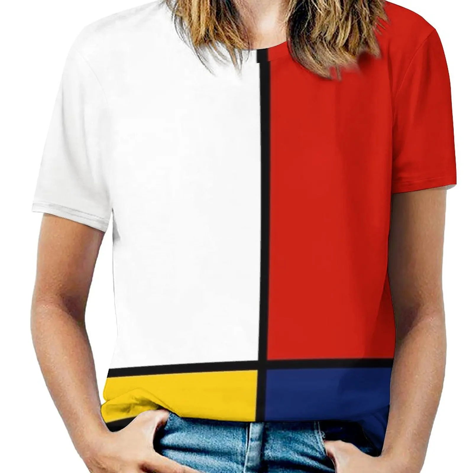 Mondrian Style Abstract Art Fashion Print Women Ladies Girls T-Shirt Harajuku Round Neck Short Sleeve Tops & Tees Mondrian