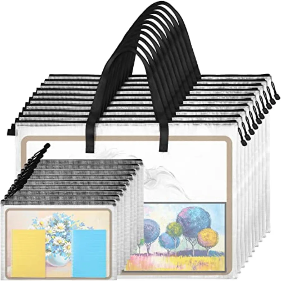 Bolsa de portafolio de arte de 20 piezas, carpeta de portafolio transparente de 19 ''x 25'', para obras de arte con cremallera y asa, bolsa de lápices A4, plástico de 9'' x 13''