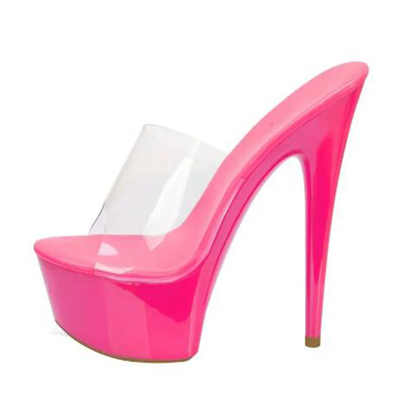 Hot Pink Patent Leather Transparent PVC Platform Mule Sandals Women Peep Toe Stiletto High Heel Slip‑On Backless Slippers