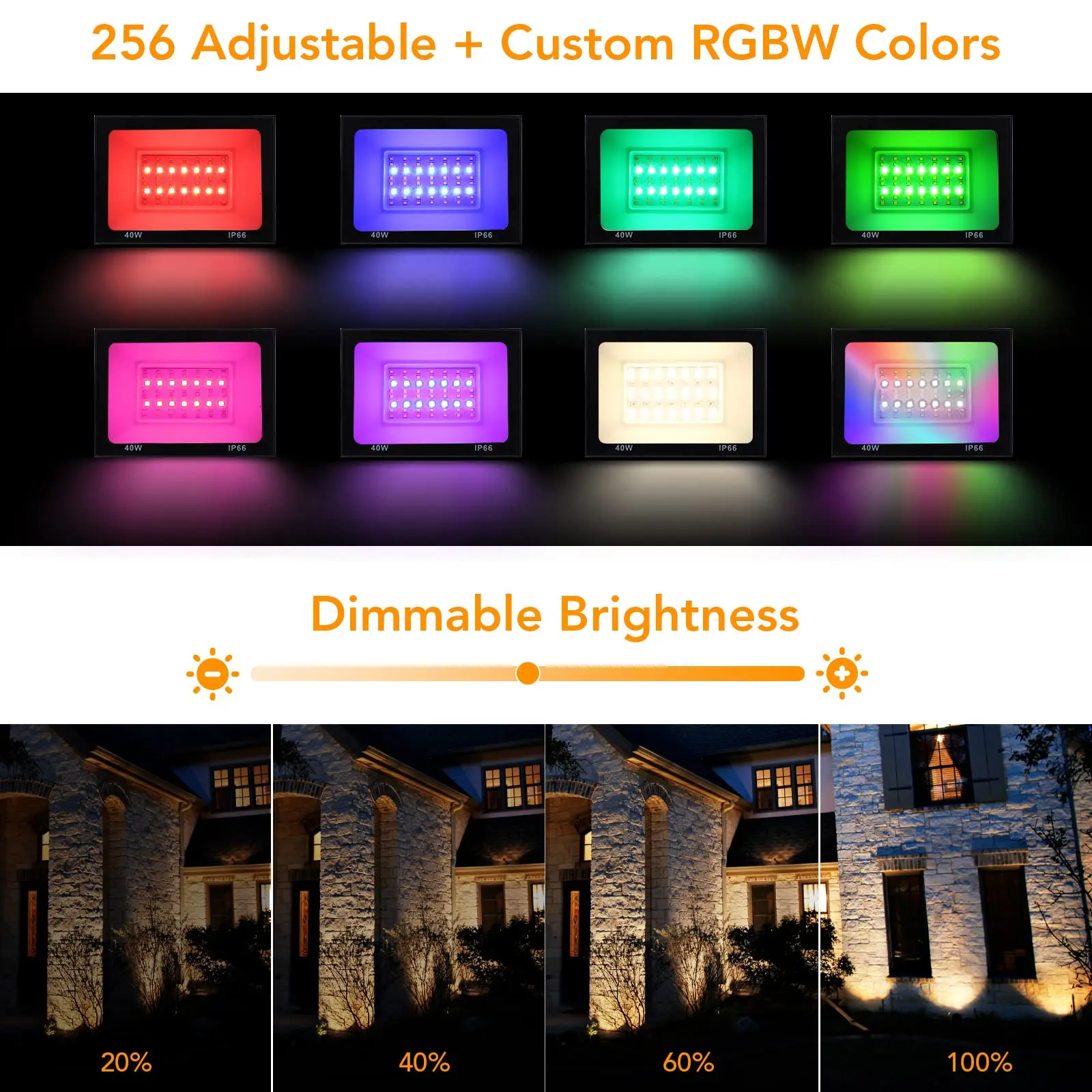 Reflector LED para exteriores, reflector RGB equivalente a 400W con control remoto, 4000 lúmenes, 3000K, 256 colores, Modo personalizado, 2 piezas