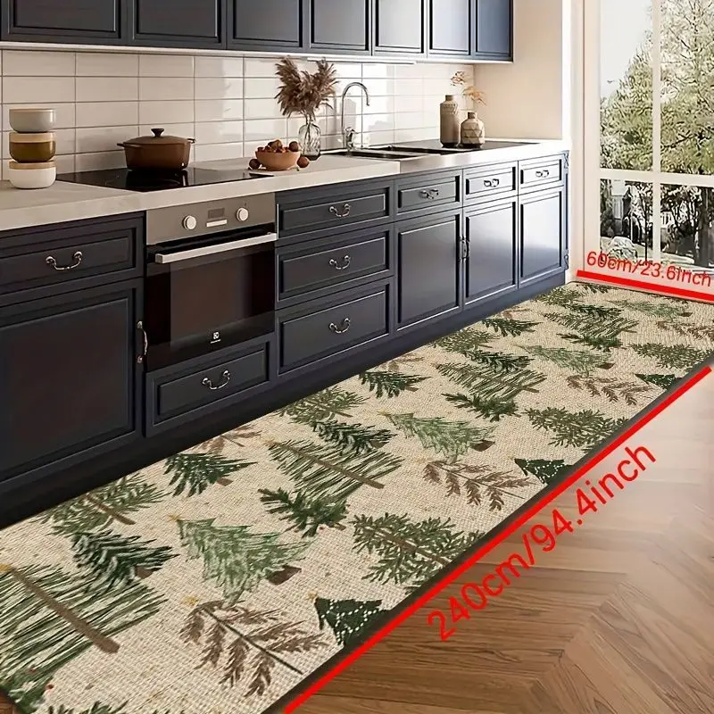 VIKAMA Winter Christmas Runner Rug Watercolor Pine Tree Pattern Anti Wear Non Slip Mat Entryway Balcony Festive Decor